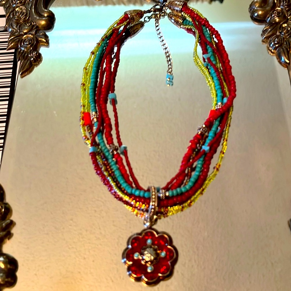 Southwest style multi layer beaded necklace with drop pendant